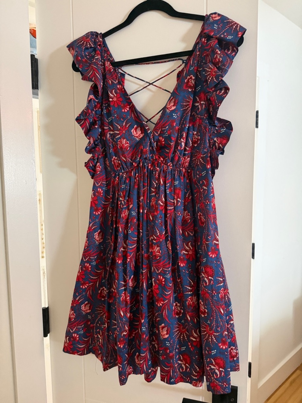 Mango Navy Mini Dress with Red Floral Pattern and Crossback Straps